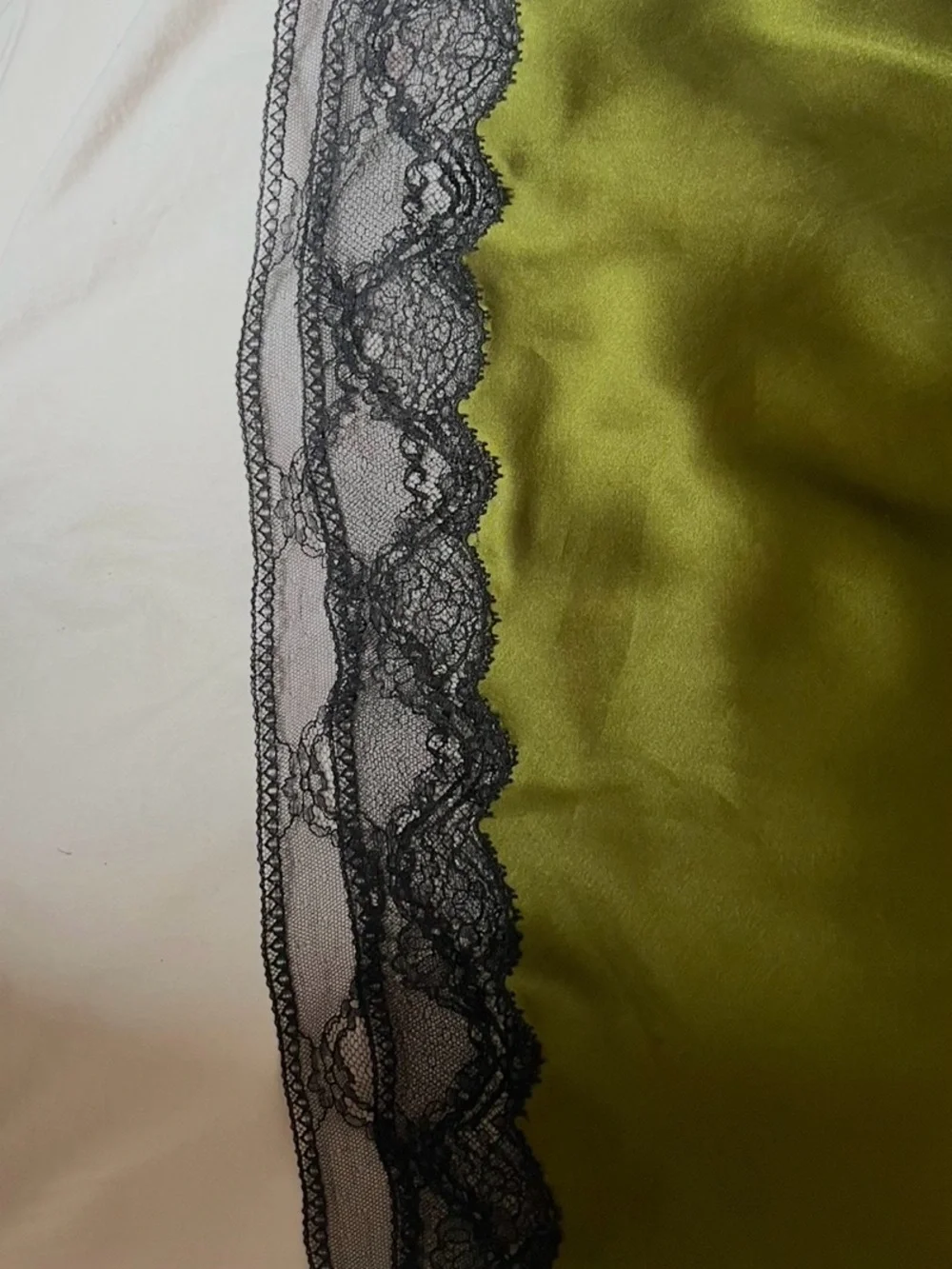 Burberry Olive Green Satin Slip with Black Lace Trim